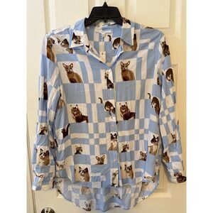 Jane & Delancey NWT Blue Checkered Cat Print Button Down Shirt - Size Large